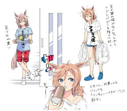 Rule 34 | 1girl, animal ears, bag, blue eyes, breasts, brown hair, can, collarbone, commentary request, drinking, drinking straw, food, full body, hair between eyes, highres, horse ears, horse girl, horse tail, medium breasts, pants, plastic bag, simple background, slippers, smile, solo, taguchi kenji (omaep), tail, translation request, umamusume, venus paques (umamusume), white background