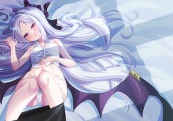 Rule 34 | 1girl, bed sheet, black skirt, blue archive, commentary request, demon girl, demon horns, demon wings, forehead, fukemachi, hair ornament, hairclip, head tilt, highres, hina (blue archive), horns, long hair, looking at viewer, lying, navel, on back, panties, parted bangs, parted lips, pencil skirt, purple eyes, shirt, short sleeves, sidelocks, skirt, unworn skirt, solo, stomach, underwear, white shirt, wings