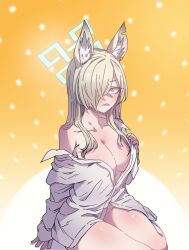 1girl absurdres animal_ear_fluff animal_ears anygatsby blonde_hair blue_archive blue_eyes blue_halo blush breasts cleavage clenched_teeth dog_ears hair_over_one_eye halo highres kanna_(blue_archive) large_breasts long_hair looking_at_viewer naked_shirt sharp_teeth shirt single_off_shoulder sitting sleeves_past_wrists solo teeth white_shirt yellow_background