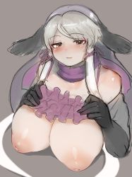 Rule 34 | 1girl, absurdres, bare shoulders, bikini, bikini top lift, blonde hair, blush, breasts, breasts out, brown eyes, cleavage, clothes lift, commentary request, elbow gloves, gloves, grey hair, hair ornament, hands on own chest, highres, inverted nipples, kemono friends, large breasts, long hair, looking at viewer, multicolored hair, nipples, open mouth, pink bikini, pink scarf, purple bikini, scarf, shibori kasu, smile, solo, swimsuit, walrus (kemono friends), white hair