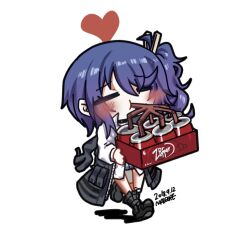 Rule 34 | 1girl, = =, artist name, black footwear, blue hair, blush, box, brand name imitation, chibi, clip studio paint (medium), closed eyes, clothes around waist, clothes pin, coat, commentary request, dated, dr pepper, drink, drinking, drinking straw, drinking straw in mouth, girls&#039; frontline, grey coat, hair between eyes, hair ornament, heart, holding, holding box, jacket, jacket around waist, k11 (girls&#039; frontline), korean commentary, lab coat, long hair, lowres, madcore, off shoulder, shoes, side ponytail, simple background, solo, walking, white background