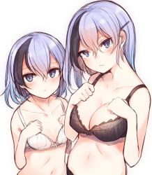 Rule 34 | 2girls, age comparison, aged down, aged up, bad id, bad twitter id, black bra, black hair, black panties, blue eyes, bra, breasts, dual persona, hair between eyes, hair ornament, hairclip, hands on own chest, highres, kinukawa chinatsu, looking at viewer, medium breasts, multicolored hair, multiple girls, otokuyou, panties, parted lips, purple hair, short hair, small breasts, underwear, underwear only, white background, white bra