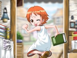 Rule 34 | 1girl, ;p, aged down, blush, book, brown eyes, child, dress, female focus, holding, holding book, ichi bit, looking at viewer, looking back, nami (one piece), one eye closed, one piece, orange hair, running, sandals, shoes, short hair, smile, solo, tongue, tongue out, wink