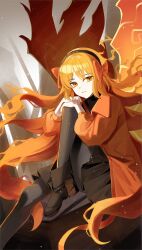 Rule 34 | 1girl, black dress, black pantyhose, boots, bow, brown footwear, closed mouth, dress, fiery hair, fiery wings, hair bow, hi i dubu, highres, ishmael (project moon), jacket, knee up, limbus company, long hair, long sleeves, looking at viewer, orange bow, orange eyes, orange hair, orange jacket, pantyhose, project moon, puffy long sleeves, puffy sleeves, sidelocks, sitting, solo, very long hair, wings