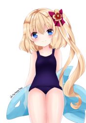Rule 34 | 1girl, alternate costume, alternate eye color, arms behind back, bad id, bad pixiv id, blonde hair, blue eyes, blush, breasts, cowboy shot, flandre scarlet, flower, hair flower, hair ornament, hair ribbon, inflatable dolphin, inflatable toy, looking at viewer, nanase nao, no wings, one-piece swimsuit, ribbon, school swimsuit, short hair, side ponytail, simple background, small breasts, smile, solo, swimsuit, thighs, touhou, twitter username, white background
