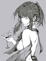 Rule 34 | 1girl, absurdres, alcohol, back, breasts, closed eyes, closed mouth, cocktail glass, covered erect nipples, cup, drinking glass, earrings, facing to the side, from side, greyscale, highres, holding, holding cup, honkai: star rail, honkai (series), jewelry, kafka (honkai: star rail), lips, luxearte, medium breasts, medium hair, monochrome, no shirt, ponytail, portrait, scarf, sideboob, sidelocks, solo