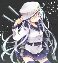 Rule 34 | 10s, 1girl, adjusting clothes, adjusting headwear, black thighhighs, blue eyes, hammer and sickle, hat, hibiki (kancolle), kantai collection, kuroi (liar-player), long hair, looking at viewer, personification, school uniform, serafuku, silver hair, skirt, solo, thighhighs, verniy (kancolle)