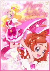 Rule 34 | 2girls, artist logo, blonde hair, boots, bow, brown eyes, choker, cure flora, earrings, flower, flower earrings, flower necklace, gloves, go! princess precure, green eyes, happy birthday, haruno haruka, jewelry, kamikita futago, long hair, looking at viewer, magical girl, multicolored hair, multiple girls, necklace, open mouth, pink bow, pink hair, pink skirt, precure, puffy sleeves, skirt, smile, streaked hair, two-tone hair, waist bow, waist brooch, white gloves