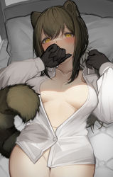 Rule 34 | 1girl, absurdres, animal ears, animal hands, arknights, blush, breasts, breasts apart, brown hair, commentary, covering own mouth, cowboy shot, freckles, groin, hair between eyes, highres, large breasts, long hair, long sleeves, looking at viewer, lying, naked shirt, navel, on back, on bed, open clothes, open shirt, partially unbuttoned, pillow, ponytail, raccoon ears, raccoon girl, raccoon tail, robin (arknights), shirt, tab head, tail, thighs, yellow eyes