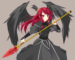 Rule 34 | 1girl, alternate color, alternate costume, alternate hair color, arc system works, armor, black wings, blazblue, blazblue: continuum shift, breastplate, breasts, dress, hair tubes, head wings, hoshi (ho4 no), long hair, polearm, red eyes, red hair, simple background, spear, translucent, tsubaki yayoi, weapon, wings