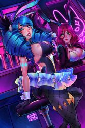 2girls animal_ears ass black_bow black_gloves black_leotard black_pantyhose blue_hair bottle bow breasts cleavage drill_hair fake_animal_ears fishnet_pantyhose fishnets gloves green_eyes gwen_(league_of_legends) hair_bow highres indoors large_breasts league_of_legends leotard long_hair miss_fortune_(league_of_legends) multiple_girls pantyhose playboy_bunny poposhirat rabbit_ears shiny_skin smile stool teeth twin_drills twintails