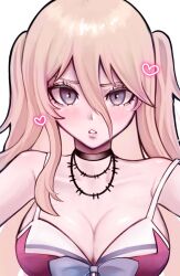 Rule 34 | 1girl, alternate costume, alternate hairstyle, barbed wire, bare shoulders, black choker, blush, bow, bowtie, breasts, choker, cleavage, danganronpa (series), danganronpa v3: killing harmony, hair between eyes, heart, highres, iruma miu, large breasts, looking at viewer, mi (mimi 06159), multicolored hair, off shoulder, pink bow, pink bowtie, pink eyes, solo, teeth, twintails, two-tone hair