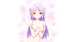Rule 34 | 10s, 1girl, angel beats!, blush, breasts, cleavage, collarbone, covering privates, covering breasts, eyebrows, game cg, highres, long hair, looking at viewer, na-ga, navel, nude, official art, purple hair, small breasts, solo, tenshi (angel beats!), topless, upper body, white background, white hair, yellow eyes