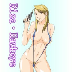 Rule 34 | 1girl, arms up, blonde hair, breasts, brown eyes, censored, character name, earrings, female focus, female pubic hair, fullmetal alchemist, gun, highres, jewelry, kiro kiiro, looking at viewer, navel, nipples, pointless censoring, pubic hair, riza hawkeye, short hair, simple background, slingshot swimsuit, smile, solo, standing, swimsuit, weapon, white background