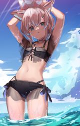 Rule 34 | 1girl, animal ear fluff, animal ears, arknights, armpits, arms up, ball, beachball, bikini, black bikini, blue eyes, blue sky, cloud, cowboy shot, day, fox ears, hair ornament, hairclip, highres, holding, holding ball, looking at viewer, material growth, navel, ocean, official alternate costume, oripathy lesion (arknights), outdoors, parted lips, see-through, short hair, silver hair, sky, solo, stomach, sussurro (arknights), sussurro (summer flower) (arknights), swimsuit, takashima shoa, wading, water