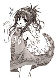 Rule 34 | 1girl, bare arms, cosplay, curly hair, godzilla, godzilla (cosplay), highres, hood, hoodie, long hair, looking at viewer, monochrome, open mouth, paw pose, simple background, sleeveless, solo, to love-ru, topknot, white background, yabuki kentarou, yuuki mikan