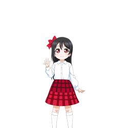 Rule 34 | 1girl, aged down, alternate hairstyle, artist request, black hair, bow, checkered clothes, checkered skirt, child, closed mouth, hair between eyes, hair bow, hair down, kneehighs, long sleeves, looking at viewer, love live!, love live! school idol festival, love live! school idol project, official art, plaid, plaid skirt, red bow, red eyes, shirt, skirt, smile, socks, solo, standing, transparent background, waving, white shirt, white socks, yazawa nico
