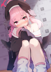Rule 34 | 1girl, az30317481, beret, black bag, black hat, black shirt, black wings, blue archive, blush, closed mouth, commentary request, crying, crying with eyes open, feathered wings, halo, hat, head wings, highres, knees up, koharu (blue archive), leg warmers, long hair, long sleeves, looking at viewer, low twintails, pink eyes, pink hair, pink halo, purple skirt, shirt, single-shoulder shirt, single bare shoulder, sitting, skirt, sleeves past fingers, sleeves past wrists, solo, tears, twintails, wavy mouth, wings