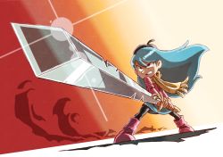 Rule 34 | 1girl, absurdres, angry, beret, black legwear, blue hair, boots, clenched teeth, fighting stance, grey eyes, hat, highres, hilda, hilda (hilda), long hair, looking at another, red footwear, scarf, skirt, sunrise stance, sword, teeth, weapon