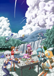 Rule 34 | 3boys, 6+girls, :d, :o, = =, aqua eyes, aqua hair, backpack, bad id, bad pixiv id, bag, basket, belt, blonde hair, boned meat, bottle, bow, breasts, brown hair, cloud, contrail, crossover, day, detached sleeves, eating, everyone, fishing rod, food, grin, hair bow, hair ribbon, hand on own hip, hatsune miku, headphones, headset, highres, index finger raised, kagamine len, kagamine rin, kaito (vocaloid), kamui gakupo, kasane teto, kebab, large bow, long hair, meat, medium breasts, megurine luka, meiko (vocaloid), midriff, momokan (pixiv), multiple boys, multiple girls, necktie, onion, open mouth, outdoors, outstretched arm, pants, pink hair, pointing, ponytail, red eyes, ribbon, rock, scarf, short hair, shorts, silver hair, skewer, skirt, sky, small breasts, smile, spill, spring onion, sword, table, takoluka, tree, twintails, upside-down, utau, very long hair, vocaloid, water, waterfall, weapon, yowane haku