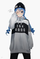 Rule 34 | 1girl, ;t, alternate costume, arm at side, bad id, bad pixiv id, beanie, black hat, black pants, blue eyes, blue hair, blush, casual, closed mouth, clothes writing, commentary request, cowboy shot, drawstring, drill hair, grey background, grey sweater, hand up, hat, hatsune miku, highres, long sleeves, looking at viewer, low twintails, osanzi, pants, signature, simple background, sleeves past wrists, solo, sweater, twin drills, twintails, v-shaped eyebrows, vocaloid, zipper, zipper pull tab