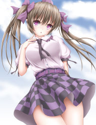 Rule 34 | 1girl, :o, akino irori, arm behind back, arm up, belt, black ribbon, blue sky, breasts, brown hair, checkered clothes, checkered skirt, cloud, commentary request, contrapposto, cowboy shot, day, dutch angle, from below, hair ribbon, hand on own chest, hat, head tilt, highres, himekaidou hatate, large breasts, looking at viewer, neck ribbon, outdoors, partial commentary, puffy short sleeves, puffy sleeves, purple eyes, purple hat, ribbon, shirt, short hair, short sleeves, skirt, sky, solo, standing, tokin hat, touhou, twintails, white shirt