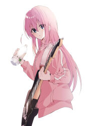 Rule 34 | 1girl, absurdres, blue eyes, bocchi the rock!, bottle, electric guitar, gotoh hitori, guitar, hair between eyes, highres, holding, holding bottle, holding instrument, instrument, jacket, long hair, one side up, parted lips, pink hair, pink jacket, shigure (sigre), signature, simple background, solo, track jacket, upper body, white background