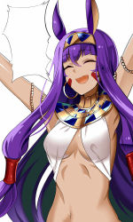 Rule 34 | 1girl, ^ ^, animal ears, armpits, arms up, bad id, bad pixiv id, breasts, closed eyes, dark-skinned female, dark skin, doko tetora, egyptian clothes, fate/grand order, fate (series), jackal ears, long hair, medium breasts, navel, nitocris (fate), open mouth, purple hair, simple background, smile, solo, sweat, upper body, white background