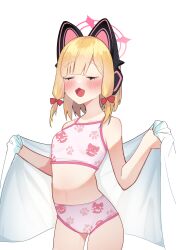 Rule 34 | 1girl, animal ear headphones, animal ears, animal print, bare shoulders, bikini, blonde hair, blue archive, blush, bow, breasts, cat ear headphones, cat print, chestnut mouth, closed eyes, collarbone, commentary request, contrapposto, fake animal ears, hair bow, halo, headphones, highres, medium hair, momoi (blue archive), navel, no tail, open mouth, parted bangs, partial commentary, paw print, paw print pattern, pink bikini, red bow, simple background, small breasts, smile, solo, standing, stomach, swimsuit, teruisi, white background
