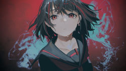 Rule 34 | 1girl, black hair, black sailor collar, black serafuku, black shirt, closed mouth, collarbone, commentary request, crying, crying with eyes open, higasizora-kai, looking at viewer, looking up, multicolored hair, neckerchief, original, portrait, red background, red eyes, red hair, red neckerchief, sailor collar, school uniform, serafuku, shirt, short hair, solo, streaked hair, tears