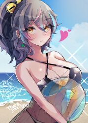 Rule 34 | 1girl, absurdres, ball, beach, beachball, bikini, black bikini, blue hair, blush, breasts, character name, cleavage, closed mouth, cloud, collarbone, commission, criss-cross halter, grey hair, hair between eyes, hair ornament, halterneck, heart, highres, holding, holding ball, holding beachball, horizon, indie virtual youtuber, large breasts, lily pad, long hair, multicolored hair, na (niruo3), neon harper, ocean, orange eyes, pink hair, ponytail, second-party source, see-through, shore, skeb commission, sky, solo, streaked hair, swimsuit, tan, thank you, virtual youtuber