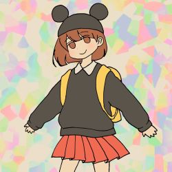 Rule 34 | 1girl, awaya yawako, backpack, bag, black hat, black shirt, blouse, blush, brown eyes, brown hair, closed mouth, collared shirt, hat, highres, long sleeves, mickey mouse ears, no pupils, original, outstretched arms, pleated skirt, red skirt, shirt, short hair, skirt, smile, solo, spread arms, standing, yellow bag