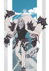 Rule 34 | 1boy, absurdres, animal ears, arknights, black tank top, chain, chain necklace, flat color, full body, furry, furry male, highres, jacket, jacket on shoulders, jewelry, male focus, mountain, mountain (arknights), muscular, muscular male, necklace, pants, pectorals, scar, scar across eye, scar on arm, scar on face, short hair, shoulder spikes, solo, sonomi katsu (misodonnburi201), spikes, tank top, tiger boy, tiger ears, white fur, white hair, white jacket, white pants
