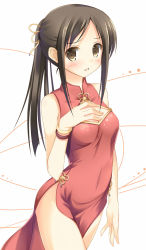 Rule 34 | 10s, 1girl, bangle, bare shoulders, blush, bracelet, breasts, brown eyes, brown hair, china dress, chinese clothes, cleavage, cleavage cutout, clothing cutout, dress, hair ribbon, hanasaku iroha, hand on own chest, hands on own chest, highres, jewelry, long hair, medium breasts, nozomi tsubame, ponytail, ribbon, side slit, solo, tsurugi minko