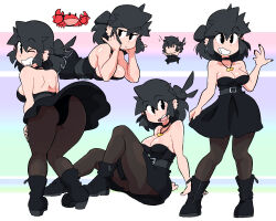 Rule 34 | 1girl, ass, bare shoulders, belt, black belt, black choker, black dress, black footwear, black hair, black nails, black pantyhose, boots, breasts, choker, cleavage, crab, dress, ear piercing, earrings, from behind, hand up, highres, jewelry, looking back, lucia (scott malin), lying, medium breasts, medium hair, multiple views, necklace, on stomach, open mouth, original, pantyhose, parted lips, piercing, scott malin, sitting, smile, standing, strapless, strapless dress