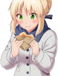 Rule 34 | 1girl, :t, artoria pendragon (all), artoria pendragon (fate), black ribbon, blonde hair, blue scarf, braid, closed mouth, coat, commentary request, eating, fate/stay night, fate (series), green eyes, grey coat, hair between eyes, hair bun, hair ribbon, highres, long sleeves, looking away, looking down, official alternate costume, ribbon, saber (fate), scarf, sidelocks, simple background, single hair bun, solo, taka (takahirokun), white background