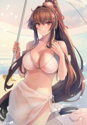 Rule 34 | 1girl, bare shoulders, beach umbrella, bikini, breasts, brown eyes, brown hair, closed mouth, collarbone, commentary, cowboy shot, hair between eyes, hair intakes, hair ornament, hands up, high ponytail, highres, holding, kantai collection, kasumi (skchkko), large breasts, long hair, looking at viewer, navel, ocean, outdoors, petals, sarong, see-through, swimsuit, thigh gap, thighs, umbrella, very long hair, water, white bikini, yamato (kancolle)