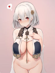 Rule 34 | 1girl, alternate costume, azur lane, bad id, bad pixiv id, blush, breasts, cleft of venus, heart, highres, large breasts, looking at viewer, no panties, pussy, red eyes, revealing clothes, short hair, simple background, sirius (azur lane), sirius (azure horizons) (azur lane), solo, spoken heart, uncensored, white hair, yashemao qishi