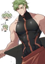 Rule 34 | 1boy, absurdres, achilles (fate), bara, bare shoulders, black male swimwear, bodysuit, covered abs, diving suit, fate/apocrypha, fate/grand order, fate (series), green hair, haruakira, highres, holding, large pectorals, male focus, male swimwear, mature male, muscular, muscular male, official alternate costume, pectorals, red male swimwear, red swim trunks, short hair, single hair intake, smile, solo, swim trunks, swimsuit, wetsuit, yellow eyes
