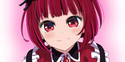 Rule 34 | 1girl, ao (korindou), arima kana, blush, bob cut, closed mouth, dress, female focus, hair ornament, hairpin, happy, idol, idol clothes, inverted bob, lace, light blush, looking at viewer, oshi no ko, pink background, red eyes, red hair, red shirt, shirt, short hair, simple background, smile, solo