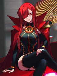 Rule 34 | cape, chain, collared cape, crest, detached sleeves, facing viewer, family crest, fate/grand order, fate (series), hair over one eye, hands on lap, highres, medallion, oda nobunaga (fate), oda nobunaga (maou avenger) (fate), oda uri, popped collar, red cape, red eyes, red hair, sempon (doppio note), sitting