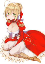 Rule 34 | 10s, 1girl, ahoge, bad id, bad pixiv id, blonde hair, blush, breasts, cleavage, epaulettes, fate/extra, fate (series), green eyes, large breasts, looking at viewer, nero claudius (fate), nero claudius (fate) (all), nero claudius (fate/extra), see-through, short hair, simple background, smile, solo, white background, yuzu-aki