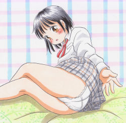 Rule 34 | 1girl, ass, bed, black hair, blue background, blush, breast pocket, brown eyes, from behind, grey skirt, highres, long sleeves, looking at viewer, lying, marup, neck ribbon, open mouth, panties, pantyshot, pink background, plaid, plaid background, plaid skirt, pocket, reaching, reaching towards viewer, red ribbon, ribbon, shirt, short hair, skirt, two-tone background, underwear, white panties, white shirt