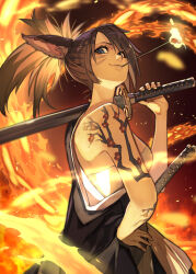 Rule 34 | 1girl, absurdres, arm tattoo, blue eyes, breasts, brown hair, facial mark, final fantasy, final fantasy xiv, fire, from side, hand on own hip, hide (hideout), highres, holding, holding sword, holding weapon, katana, looking at viewer, medium breasts, medium hair, miqo&#039;te, mouth hold, ponytail, samurai (final fantasy), solo, sword, tattoo, warrior of light (ff14), weapon, whisker markings
