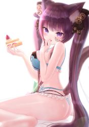 Rule 34 | 1girl, animal ears, barefoot, bell, bikini, blue bikini, blush, bra, breasts, brown hair, butterfly on face, cake, cat ears, cat tail, commission, food, hair bell, hair ornament, hand in mouth, highres, hou no ka, japanese clothes, large breasts, long hair, looking at viewer, open mouth, original, pixiv commission, purple eyes, ribbon, short hair, side ponytail, simple background, sul-lin-a, swimsuit, tail, twintails, underwear