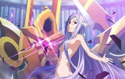 Rule 34 | 1girl, breasts, choker, closed mouth, convenient censoring, floating hair, hair over breasts, long hair, looking at viewer, medium breasts, nude, purple eyes, purple hair, quinella, solo, sword art online, sword art online: alicization, very long hair, white choker