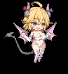 Rule 34 | 1girl, :d, ahoge, animated, animated gif, artist request, blinking, blonde hair, blue ribbon, blush, blush stickers, boots, breasts, chibi, cleavage, cross-laced footwear, demon girl, demon tail, demon wings, elbow gloves, fang, flapping, full body, gloves, green eyes, grey horns, hair between eyes, horn ornament, horn ribbon, horns, idle animation, large breasts, lowres, mon-musu quest!, monster girl, monster musume td, multicolored horns, official art, open mouth, oppai loli, panties, pink footwear, pink horns, pink wings, pointy ears, rami (mon-musu quest!), red ribbon, revealing clothes, ribbon, short hair, simple background, slit pupils, smile, solo, strapless, tail, thigh boots, third-party source, transparent background, tube top, two-tone horns, underboob, underwear, white gloves, white panties, white tube top, wings