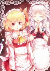 Rule 34 | 2girls, :o, alternate costume, apron, ascot, back bow, blonde hair, bow, braid, closed eyes, collared shirt, cowboy shot, crystal, enmaided, facing another, flandre scarlet, frilled apron, frilled ascot, frilled shirt collar, frilled skirt, frilled sleeves, frills, grey hair, happy, heart, highres, izayoi sakuya, juliet sleeves, kanzakietc, large bow, long sleeves, maid, maid apron, maid headdress, medium hair, multiple girls, one side up, open mouth, puffy short sleeves, puffy sleeves, shirt, short sleeves, simple background, skirt, touhou, twin braids, white apron, white bow, white shirt, wings, wrist cuffs, yellow ascot