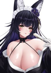Rule 34 | 1girl, :p, animal ear fluff, animal ears, azur lane, bare shoulders, black choker, black hair, black kimono, breasts, choker, cleavage, commentary request, facial mark, flower, folding fan, fox ears, frilled hairband, frills, gloves, hair flower, hair ornament, hairband, hand fan, highres, hokkaidonder, holding, holding fan, huge breasts, japanese clothes, kimono, large breasts, long hair, looking at viewer, musashi (azur lane), musashi (violet moonglow) (azur lane), off shoulder, purple flower, purple rose, rose, simple background, solo, tongue, tongue out, upper body, whisker markings, white background, white gloves, yellow eyes