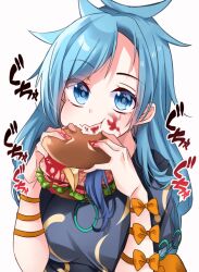 Rule 34 | 1girl, :t, \||/, ambiguous red liquid, blue eyes, blue hair, breasts, burger, eating, eyes visible through hair, food, food on face, grey shirt, hair in food, hands up, himemushi momoyo, holding, holding food, iizunamaru megumu, implied cannibalism, implied murder, ketchup, long hair, looking at viewer, medium breasts, meimei (meimei89008309), messy hair, shirt, short sleeves, simple background, solo, sound effects, swept bangs, touhou, upper body, very long hair, white background